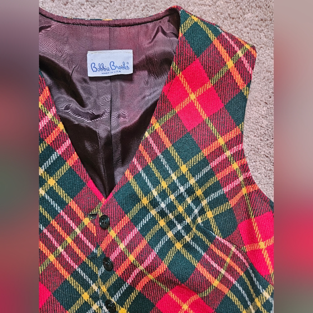 Bobbie Brooks Vintage Red/Green Button Down Vest Womens XS/S Holiday Plaid